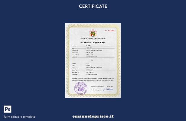 modello PSD di certificato di matrimonio del Liechtenstein in stile verificato